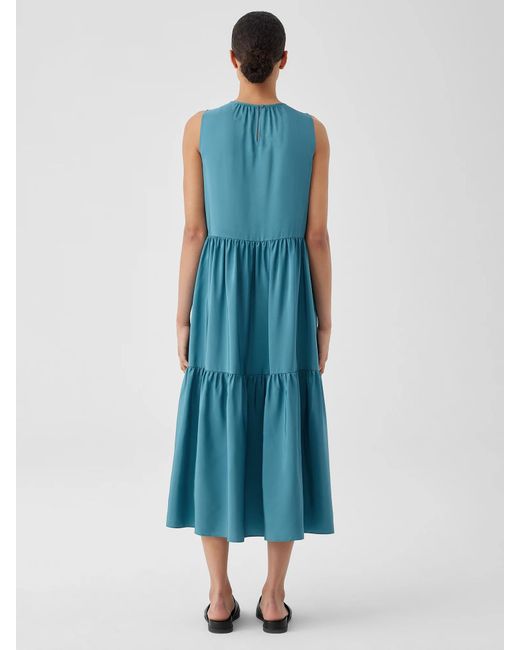 Eileen Fisher Blue Washed Silk Tiered Dress