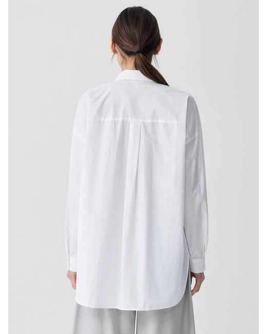Eileen Fisher White Washed Organic Cotton Poplin Classic Collar Long Shirt