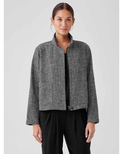 Eileen Fisher Gray Organic Cotton Tweed Stand Collar Jacket