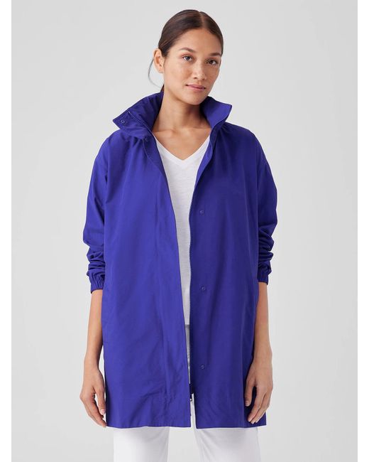 Eileen Fisher Blue Light Cotton Nylon Stand Collar Long Coat