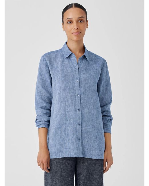 Eileen Fisher Blue Yarn-dyed Handkerchief Organic Linen Shirt