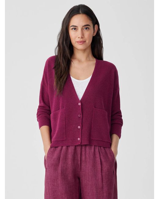 Eileen Fisher Purple Organic Linen Cotton V-neck Cardigan