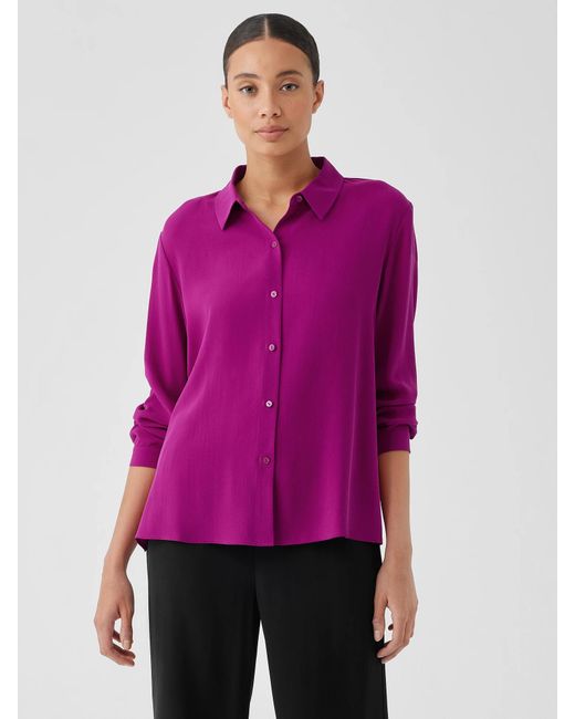 Eileen Fisher Purple Silk Georgette Crepe Classic Collar Shirt