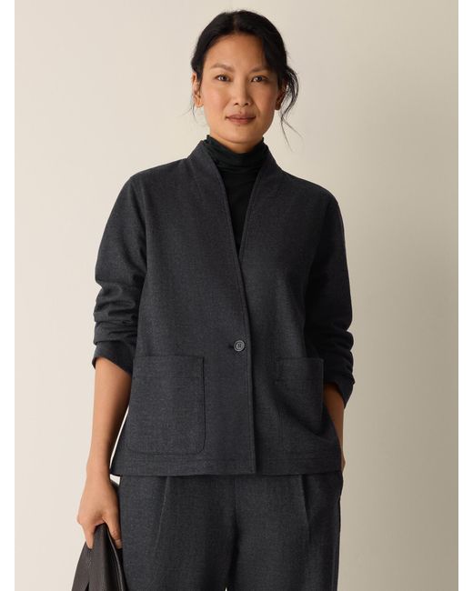 Eileen Fisher Blue Melange Boiled Wool Jersey High Collar Jacket In Regenerative Wool