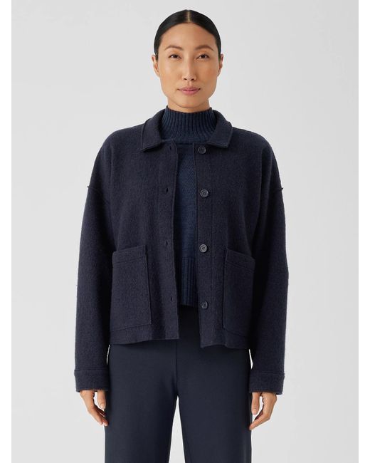 Eileen Fisher Blue Lightweight Boiled Wool Classic Collar Jacket In Regenerative Wool