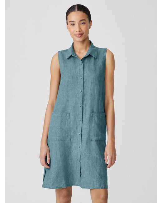 Eileen Fisher Blue Washed Organic Linen Délavé Sleeveless Shirtdress