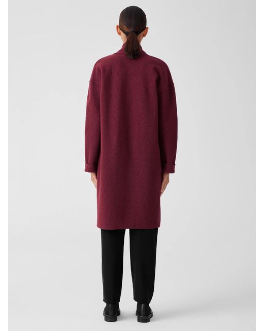 Eileen Fisher Red Lightweight Boiled Wool High Collar Coat In Regenerative Wool