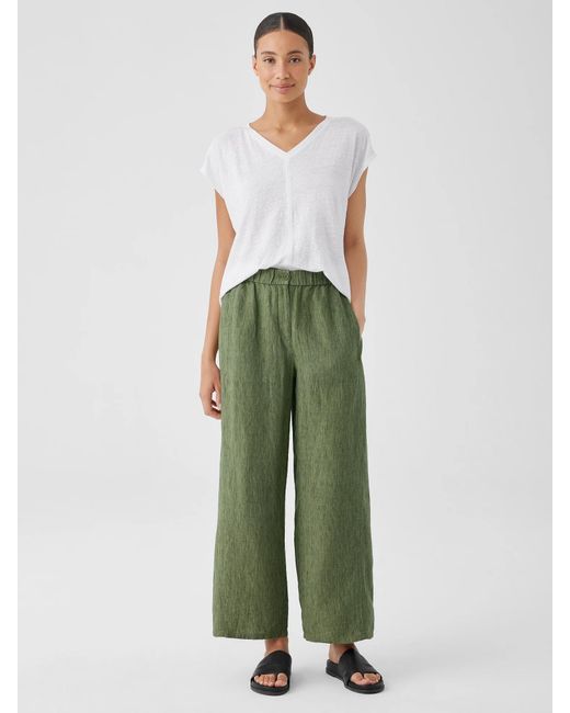 Eileen Fisher Green Washed Organic Linen Délavé Wide Trouser Pant