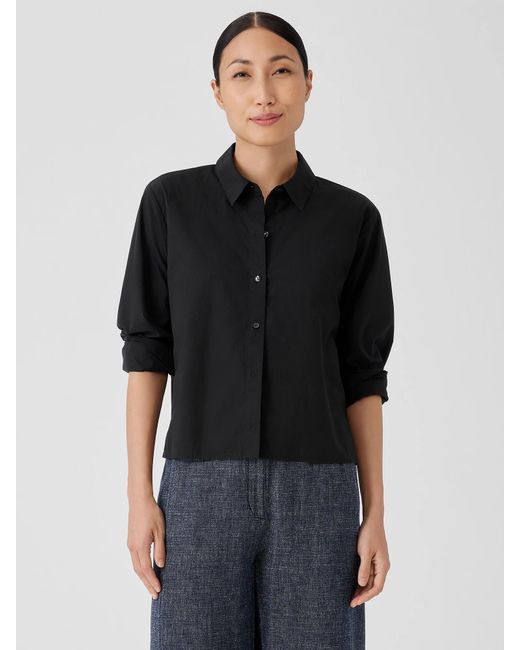 Eileen Fisher Black Washed Organic Cotton Poplin Classic Collar Short Shirt