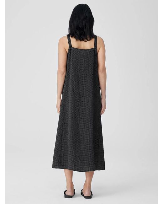 Eileen Fisher Black Puckered Organic Linen Square Neck Dress
