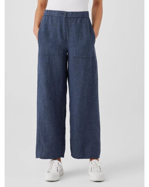 Eileen Fisher Blue Washed Organic Linen Délavé Wide Trouser Pant