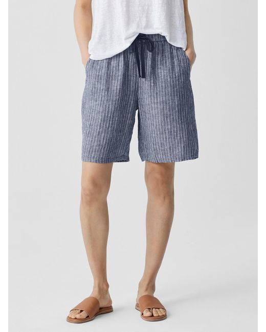 Eileen Fisher Blue Puckered Organic Linen Shorts
