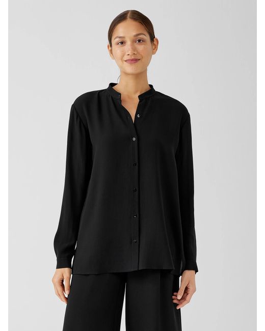Eileen Fisher Black Silk Georgette Crepe Mandarin Collar Shirt