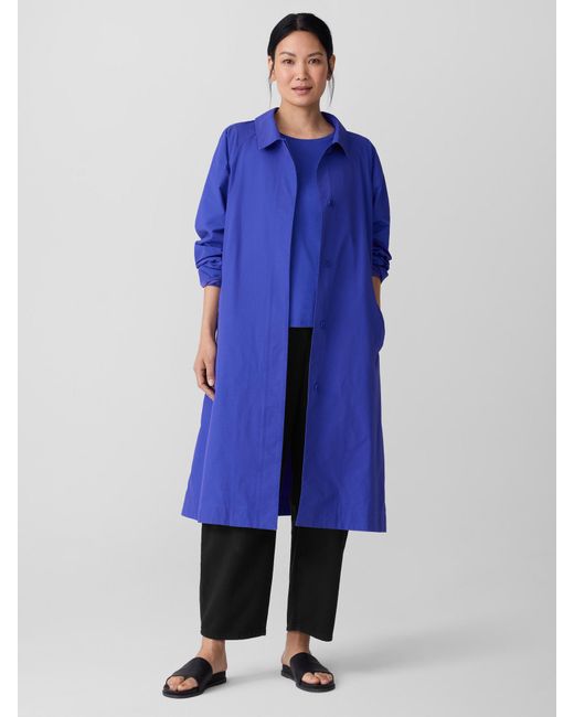 Eileen Fisher Blue Light Cotton Nylon Classic Collar Coat