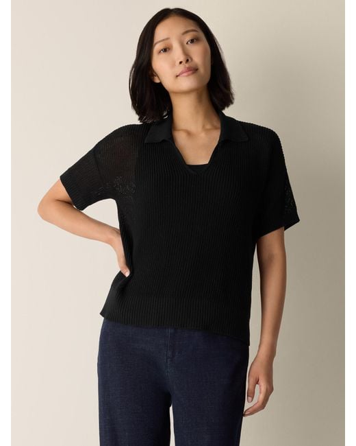 Eileen Fisher Black Cotton Silk Cord Split Neck Top