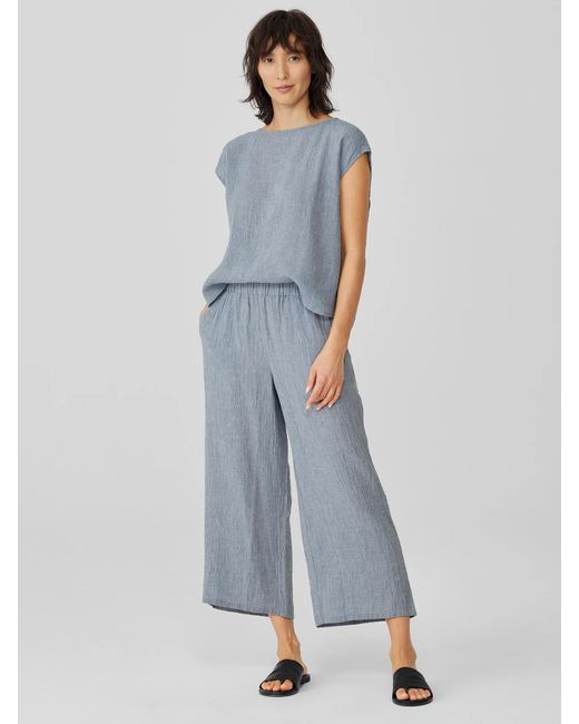 Eileen Fisher Striped Organic Linen Crinkle Wide-leg Pant in Chambray ...