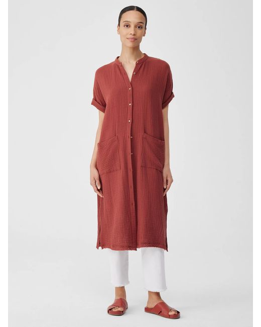 Eileen Fisher Red Organic Cotton Gauze Mandarin Collar Dress