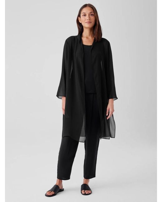 Eileen Fisher Black Sheer Silk Georgette High Collar Jacket