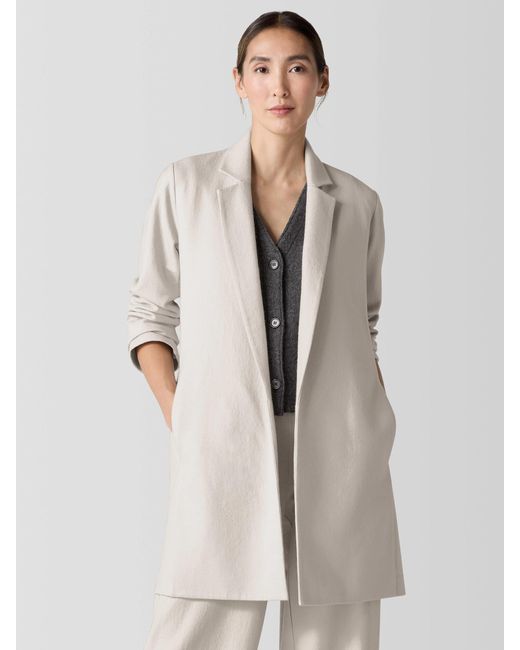 Eileen Fisher White Felted Wool Jersey Long Blazer In Regenerative Wool