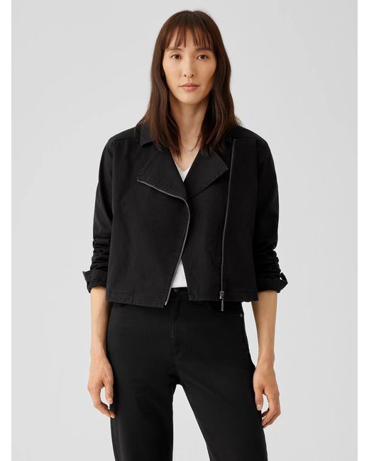 Eileen Fisher Black Organic Cotton Denim Notch Collar Jacket