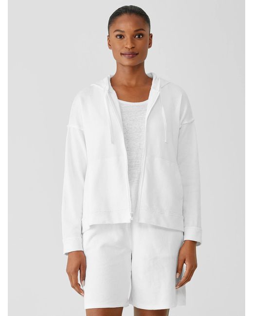 Eileen Fisher White Lightweight Organic Cotton Terry Hooded Top