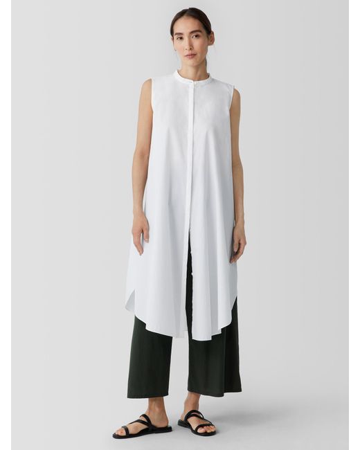 Eileen Fisher White Washed Organic Cotton Poplin Sleeveless Dress