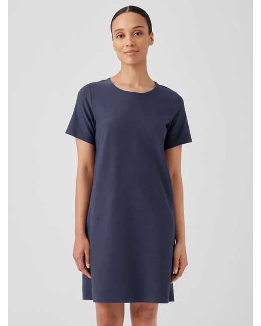 Eileen Fisher Blue Washable Stretch Crepe Jewel Neck Dress