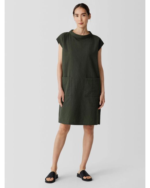 Eileen Fisher Green Organic Cotton Ripple Mock Neck Dress