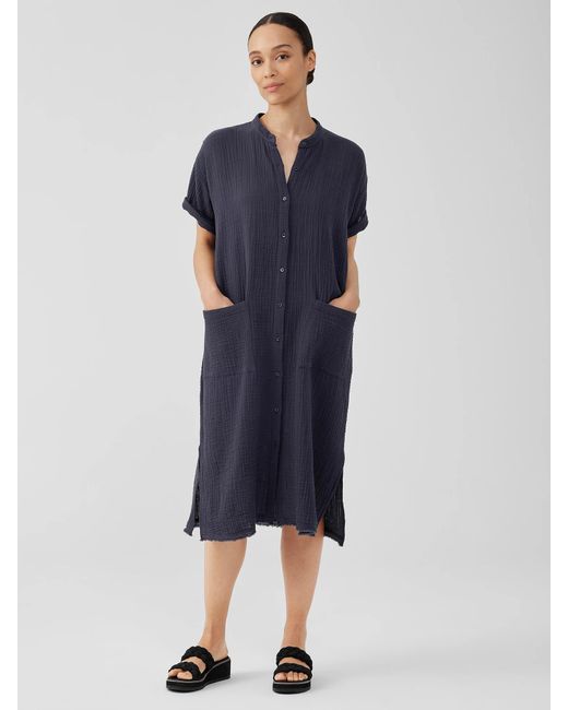 Eileen Fisher Blue Organic Cotton Gauze Mandarin Collar Dress