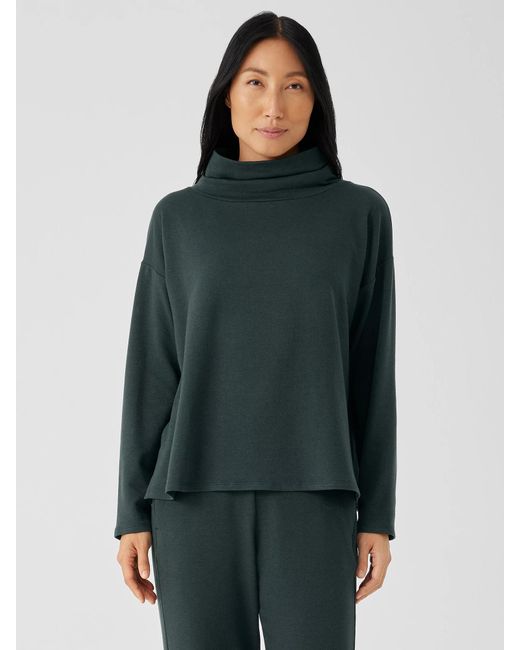 Eileen Fisher Green Cozy Brushed Terry Hug Funnel Neck Top