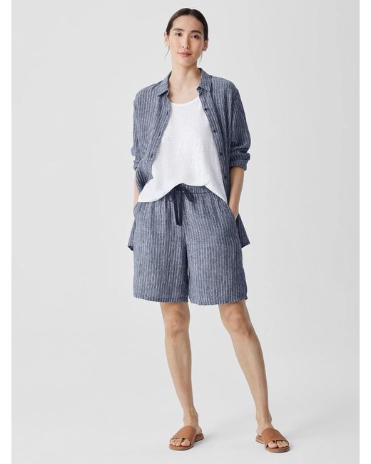 Eileen Fisher Blue Puckered Organic Linen Shorts