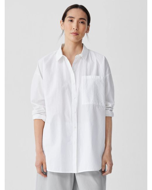 Eileen Fisher White Washed Organic Cotton Poplin Classic Collar Long Shirt