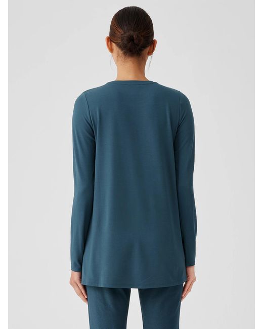 Eileen Fisher Blue Stretch Jersey Knit Crew Neck Long Top