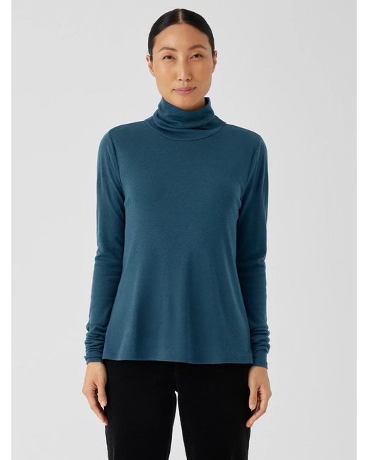 Eileen Fisher Blue Ribbed Pima Cotton Blend Turtleneck Top