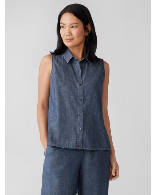 Eileen Fisher Blue Airy Organic Cotton Twill Sleeveless Shirt