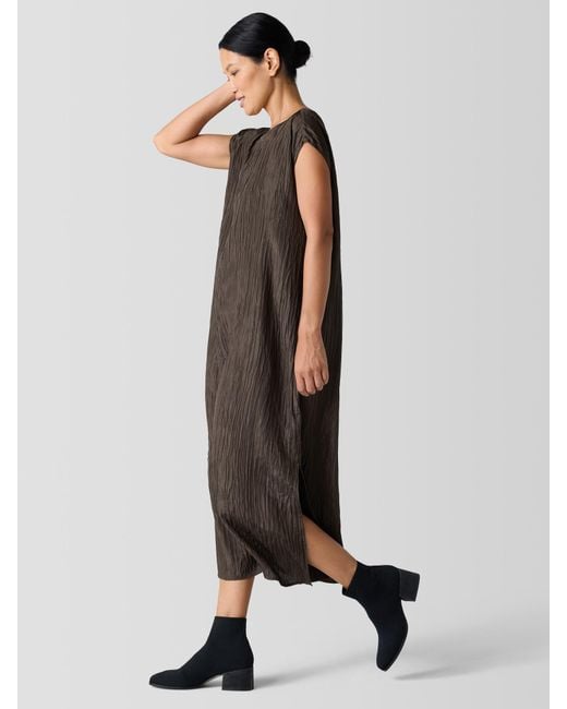 Eileen Fisher Textured Silk Jacquard Bateau Neck Dress in White Lyst