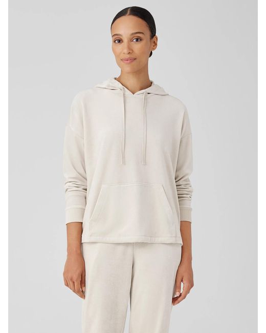 Eileen Fisher White Cozy Velour Knit Hooded Top
