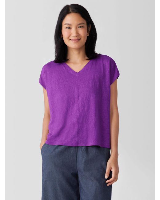 Eileen Fisher Purple Organic Linen Jersey V-neck Tee
