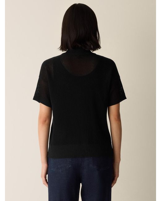 Eileen Fisher Black Cotton Silk Cord Split Neck Top