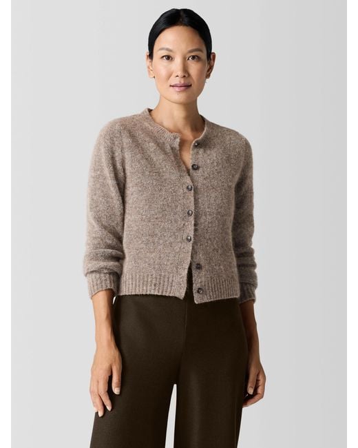 Eileen Fisher Women's Natural Mohair Plush Melange Crew Neck Cardigan
