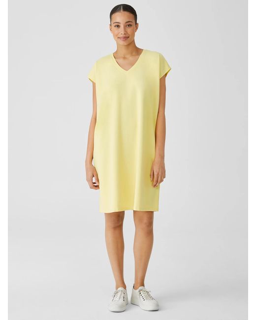 Eileen Fisher Yellow Pima Cotton Stretch Jersey V-neck Dress