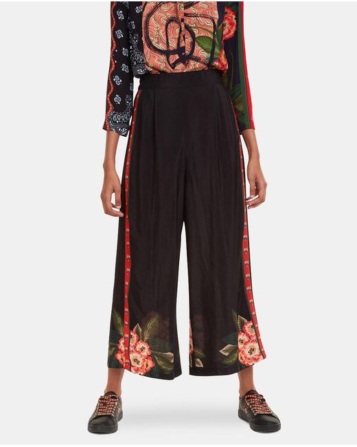 Desigual Synthetic Floral Print Wide-leg Trousers in Black - Lyst