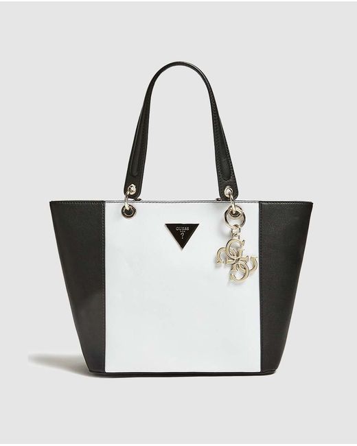 Guess Two-tone Black And White Tote Bag With Metallic Pendant - Lyst