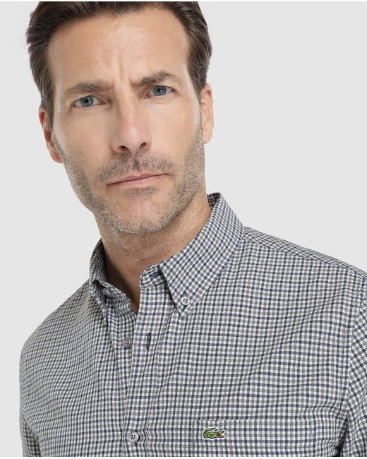Lacoste Cotton Mens Regular Fit Two Tone Check Print Shirt In Gray