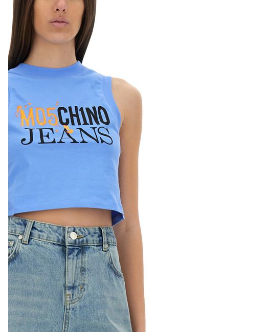 Top Cropped Con Logo di Moschino in Blue