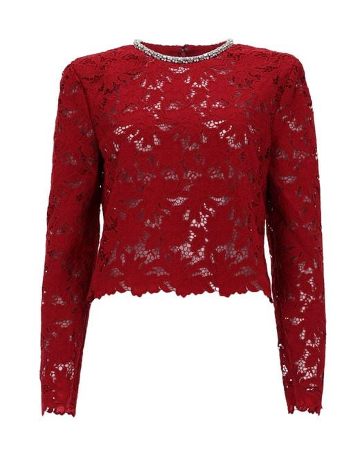 Self-Portrait Red Lace Crystal Trim Top