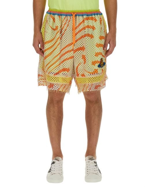 Vivienne Westwood Yellow Print Mesh Shorts With Fringed Hem for men