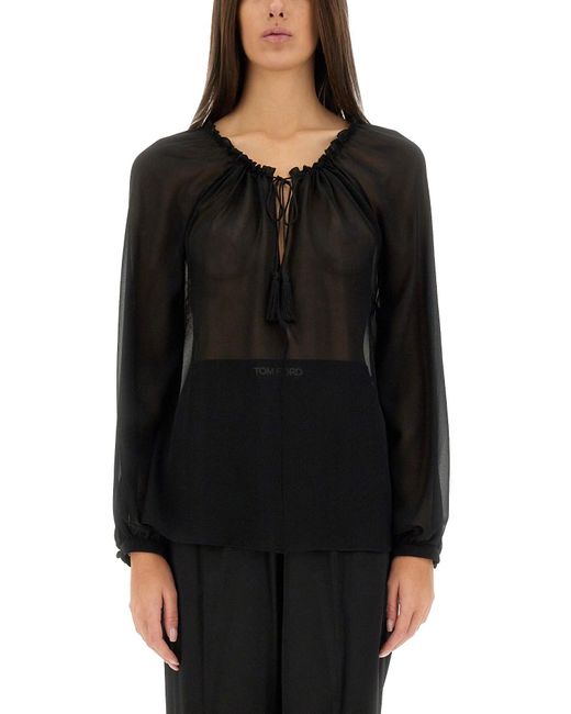 Tom Ford Black Semi-Transparent Silk Blouse