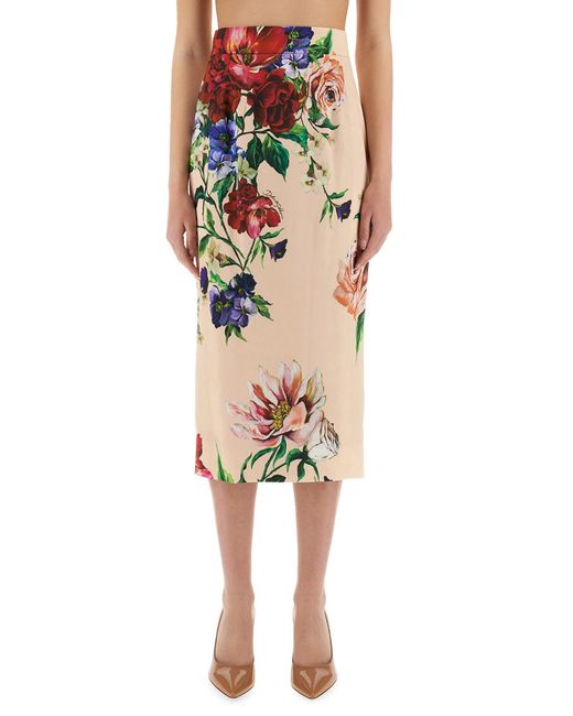 Dolce & Gabbana Multicolor Flower Print Satin Midi Pencil Skirt
