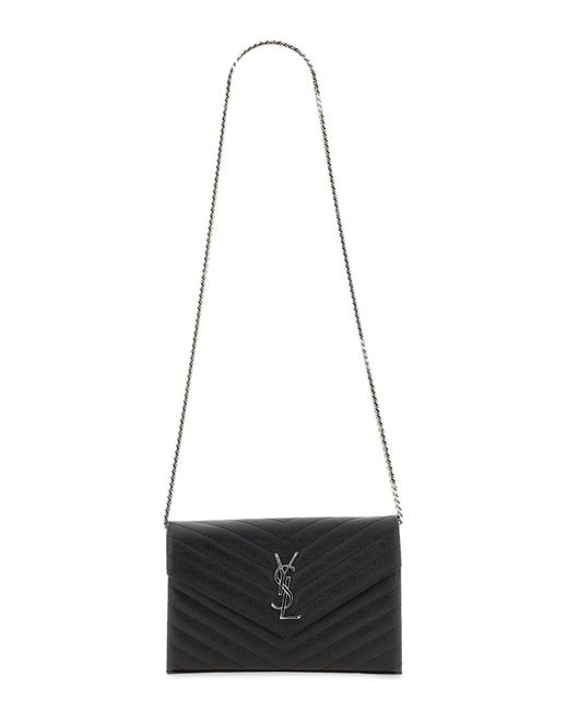 Saint Laurent White Quilted Textured Leather Monogram Wallet With Chain